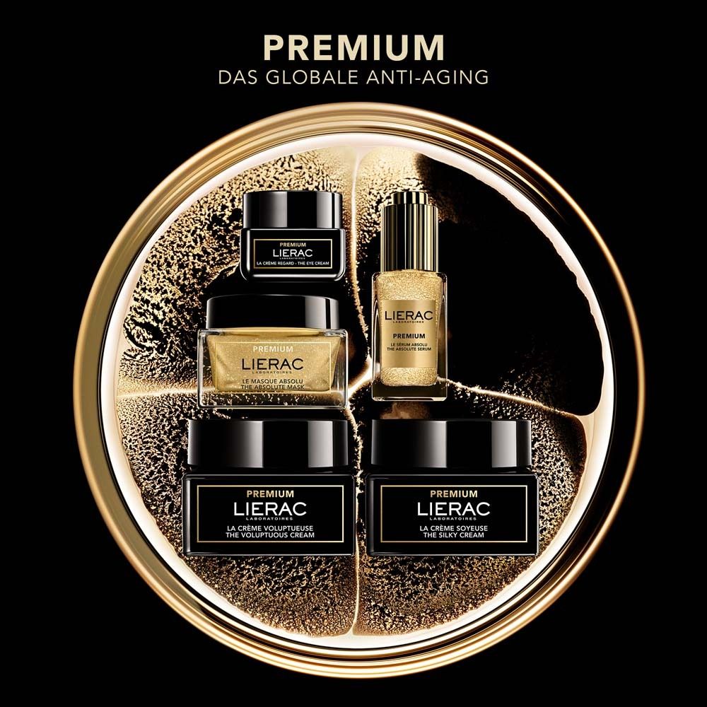 Verschiedene LIERAC Premium Produkte. Goldfarbene Anordnung. Aufschrift: Premium, LIERAC.