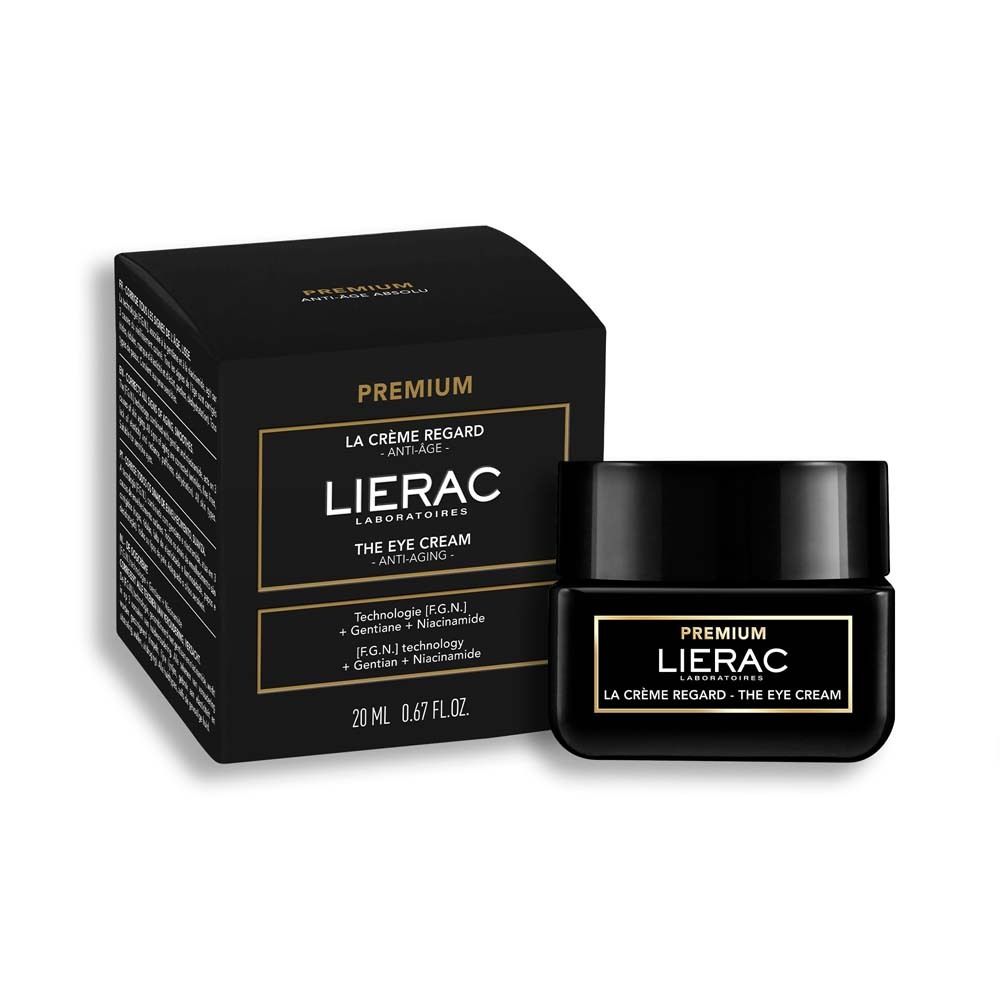 Schwarzer Karton und Tiegel. Aufschrift: PREMIUM LA CRÈME REGARD - ANTI-AGE. LIERAC LABORATOIRES.