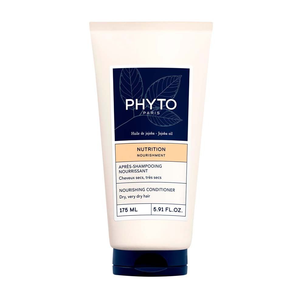 Creme-Tube mit Produktinformationen. Aufschrift: PHYTO PARIS, Nutrition, Nourishing Conditioner. Für trockenes, sehr trockenes Haar.