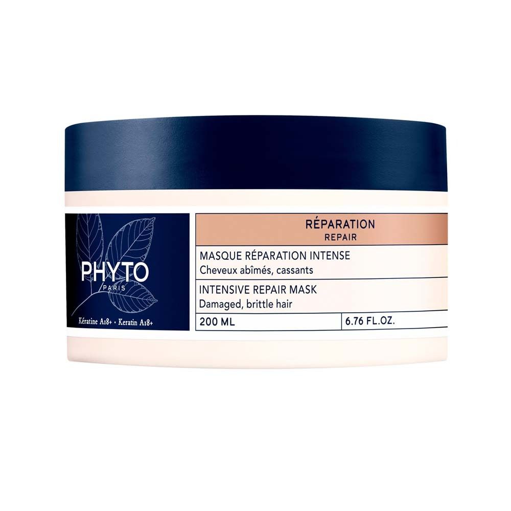 Runde Dose mit blauem Deckel. Aufschrift PHYTO PARIS. Etikett mit Produktinformationen: Repair Maske, 200 ml.