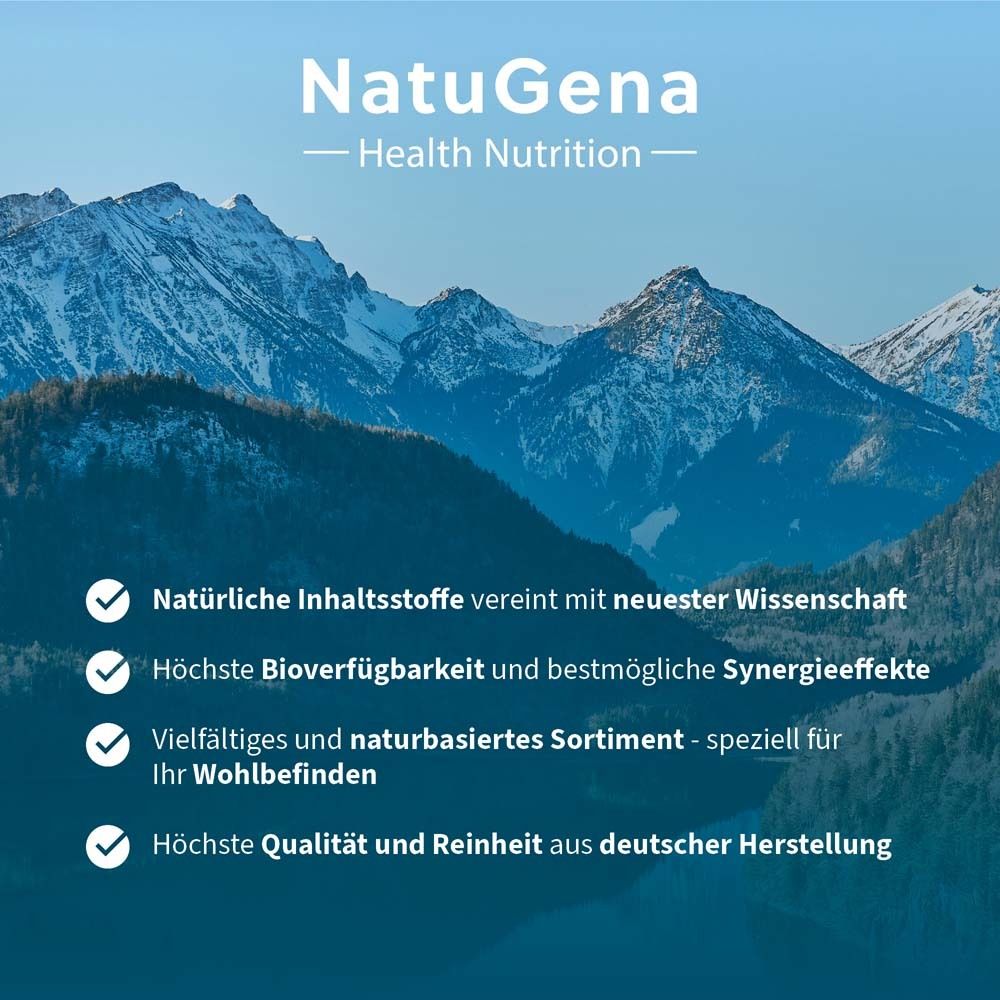 Berge im Hintergrund. Text: Natürliche Inhaltsstoffe, höchste Bioverfügbarkeit, vielfältiges Sortiment, Qualität.