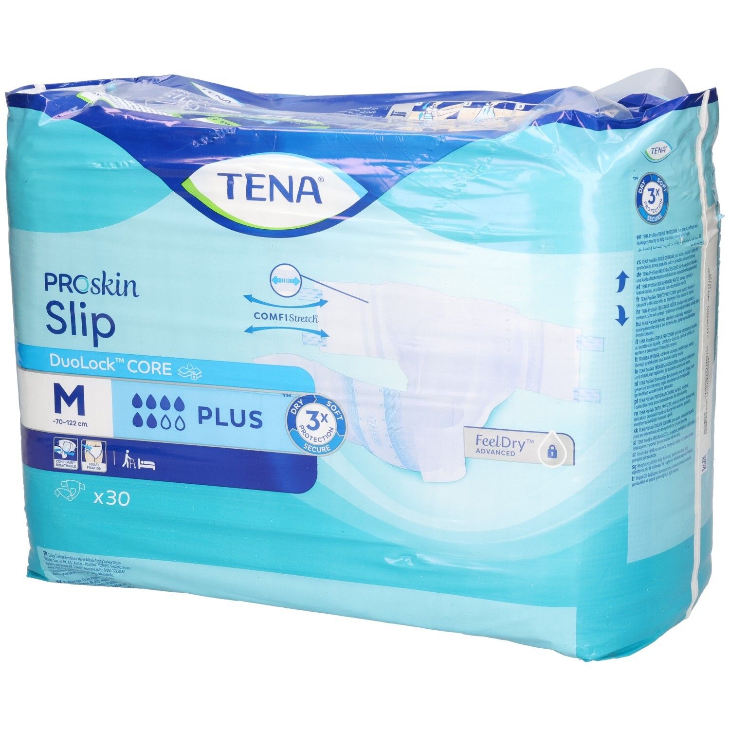 Verpackung TENA ProSkin Slip M, 30 Stück. Blaue Verpackung mit Produktinformationen und Logo.
