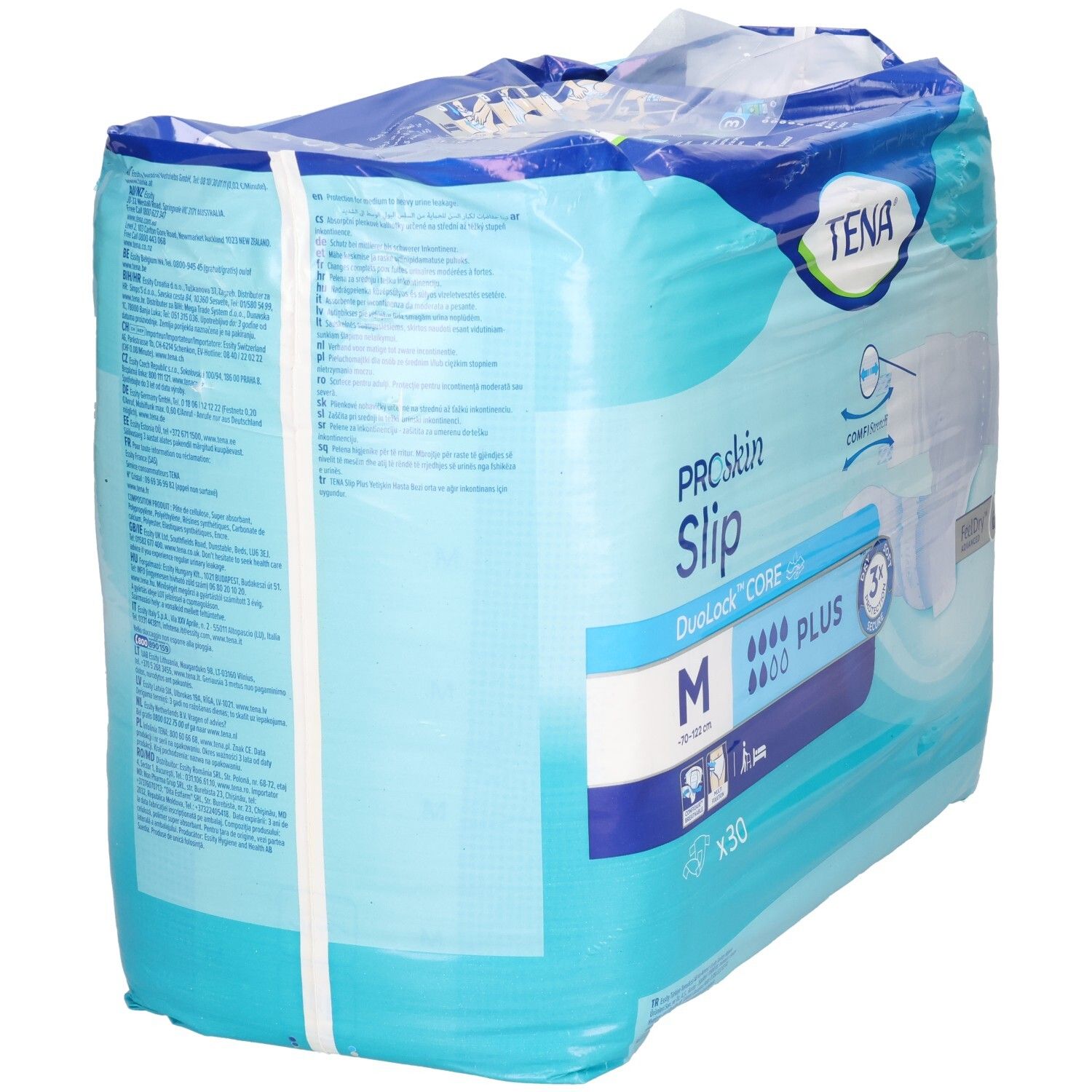 Verpackung TENA ProSkin Slip M. Blaue Verpackung mit Produktinformationen und Logo, seitliche Ansicht.