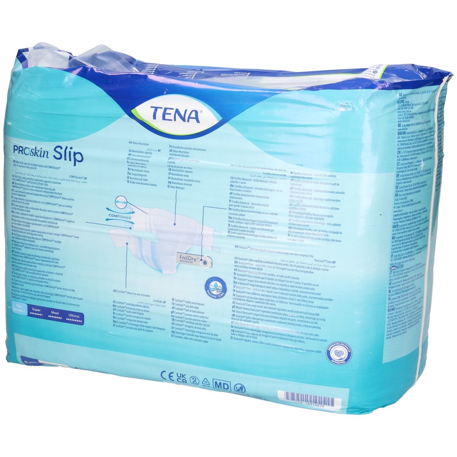 Rückseite der Verpackung TENA ProSkin Slip. Blaue Verpackung mit Produktinformationen und Logo.