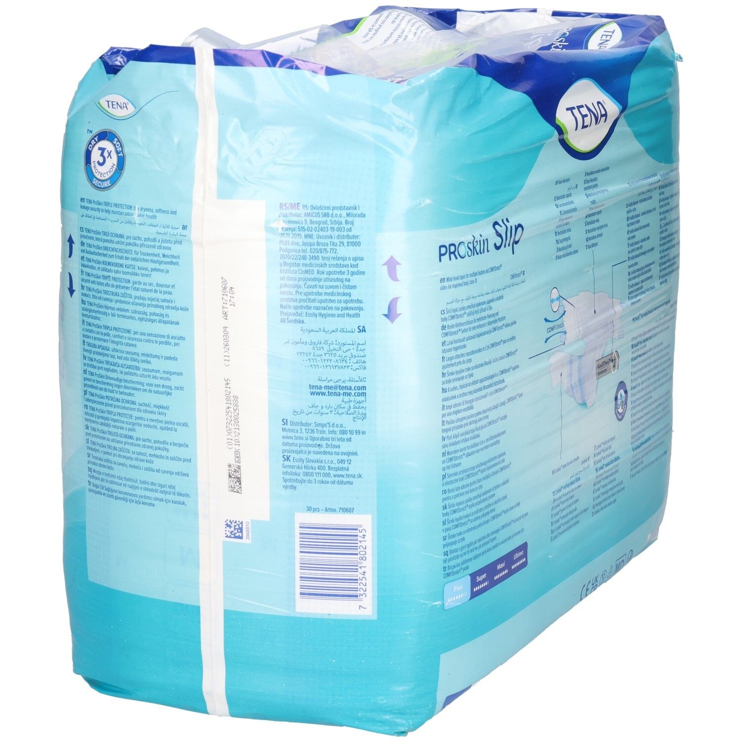 Verpackung TENA ProSkin Slip, seitliche Ansicht. Blaue Verpackung mit Produktinformationen und Logo.