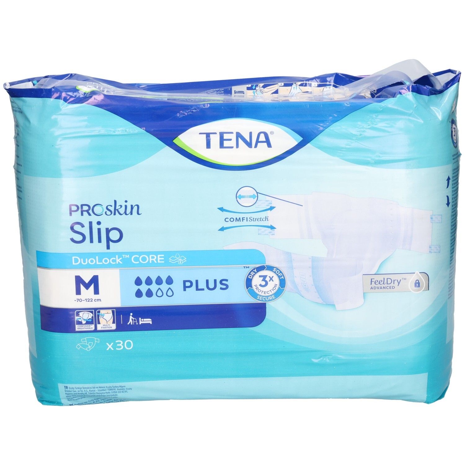 Verpackung TENA ProSkin Slip M, 30 Stück. Blaue Verpackung mit Produktinformationen und Logo.