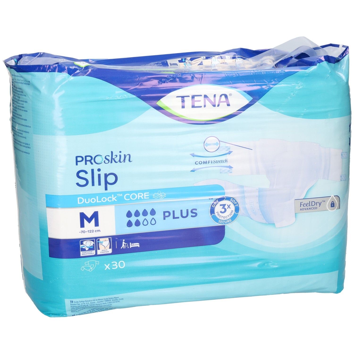 Verpackung TENA ProSkin Slip M, 30 Stück. Blaue Verpackung mit Produktinformationen und Logo.