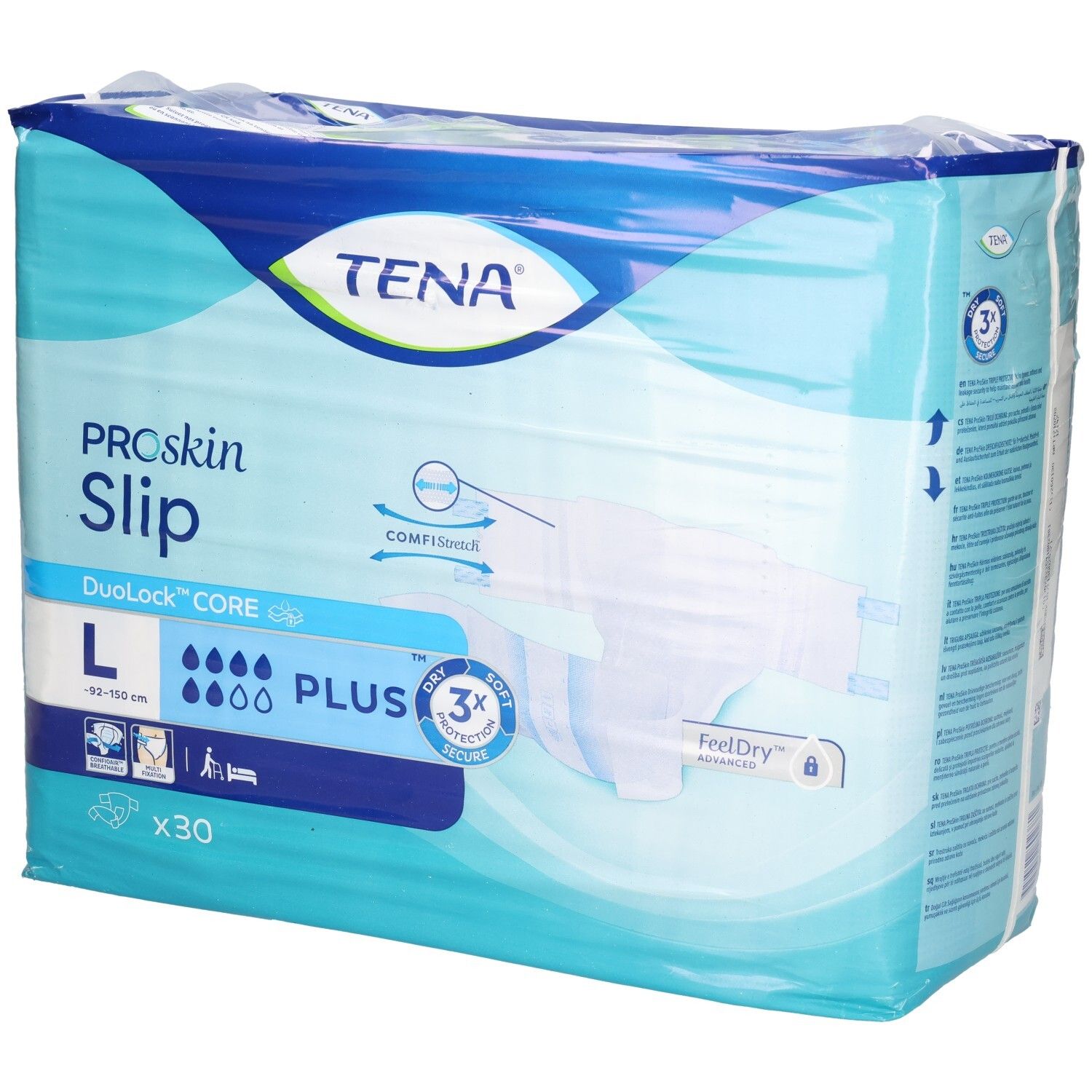 Verpackung von TENA ProSkin Slip Plus. Größe L, 30 Stück. DuoLock CORE, FeelDry Advanced. Blaue und weiße Verpackung.