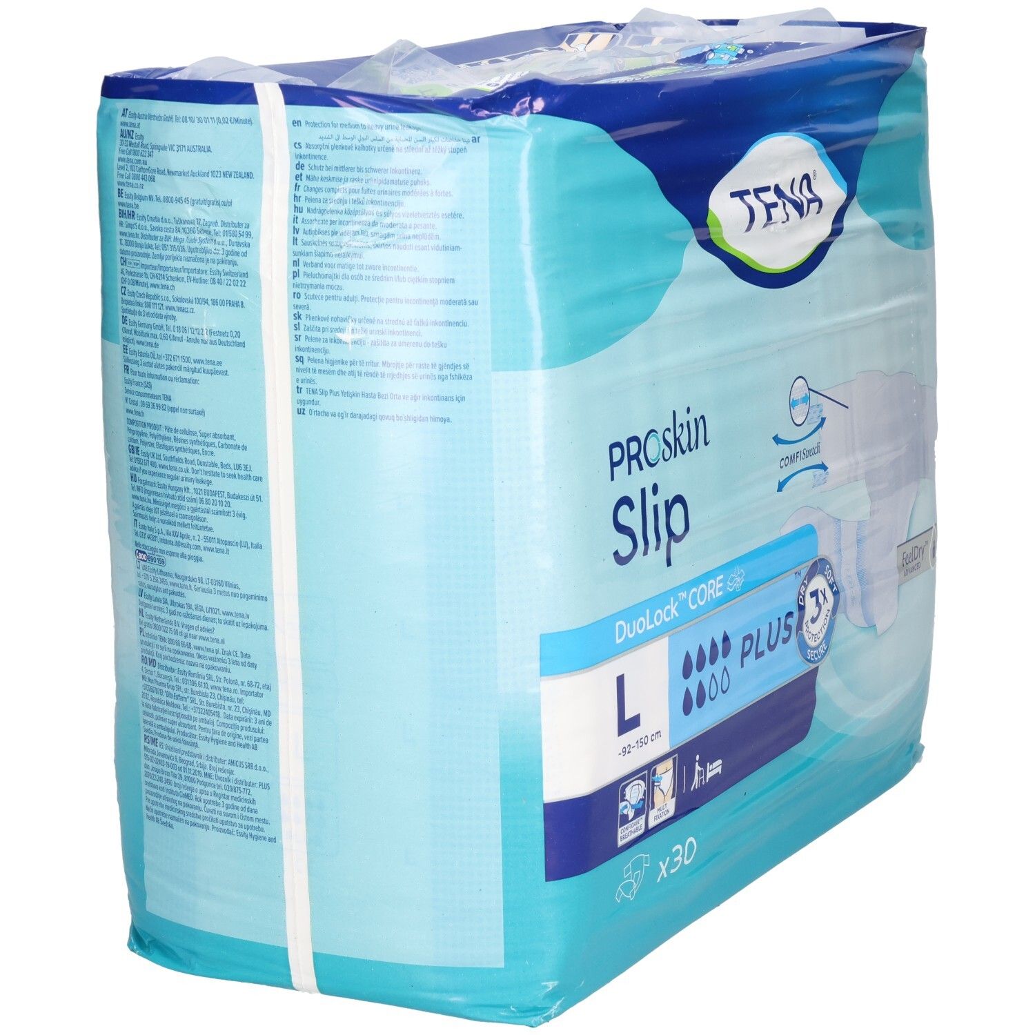 Rückseite der Verpackung von TENA ProSkin Slip Plus. Größe L. Text und Produktabbildung. Blau und weiß.