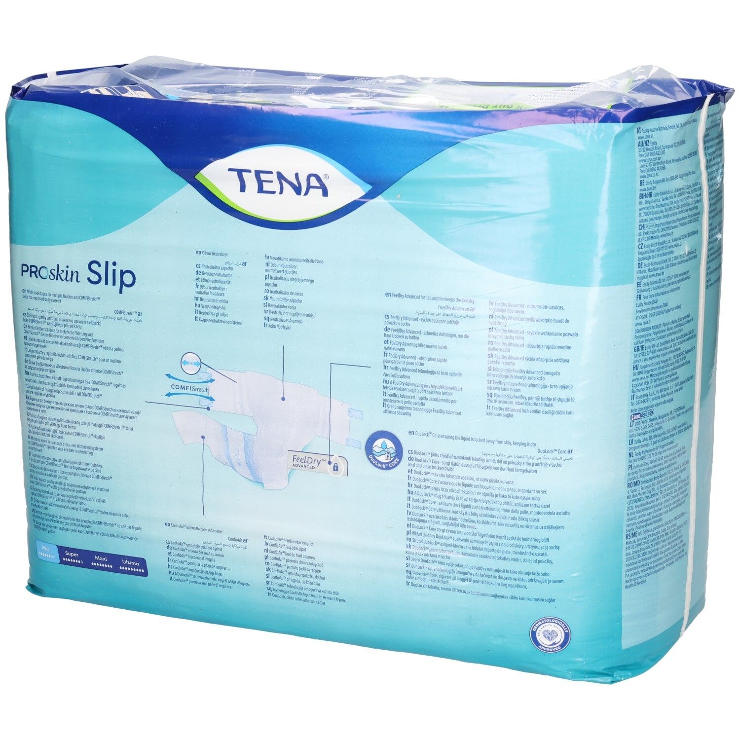 Rückseite der Verpackung von TENA ProSkin Slip Plus. Produktabbildung und Text. Blau und weiß.