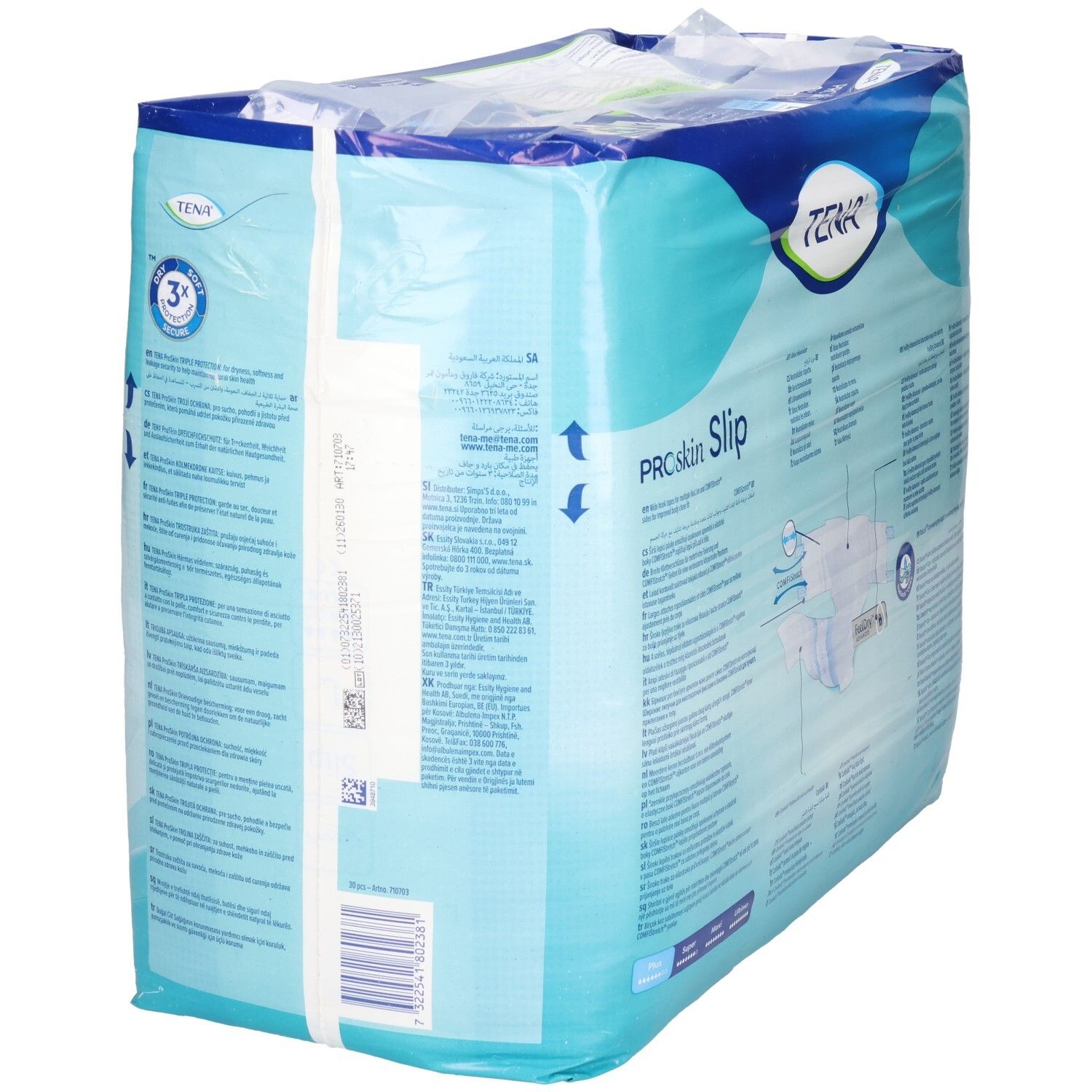 Rückseite der Verpackung von TENA ProSkin Slip Plus. Text und Produktabbildung. Blau und weiß.