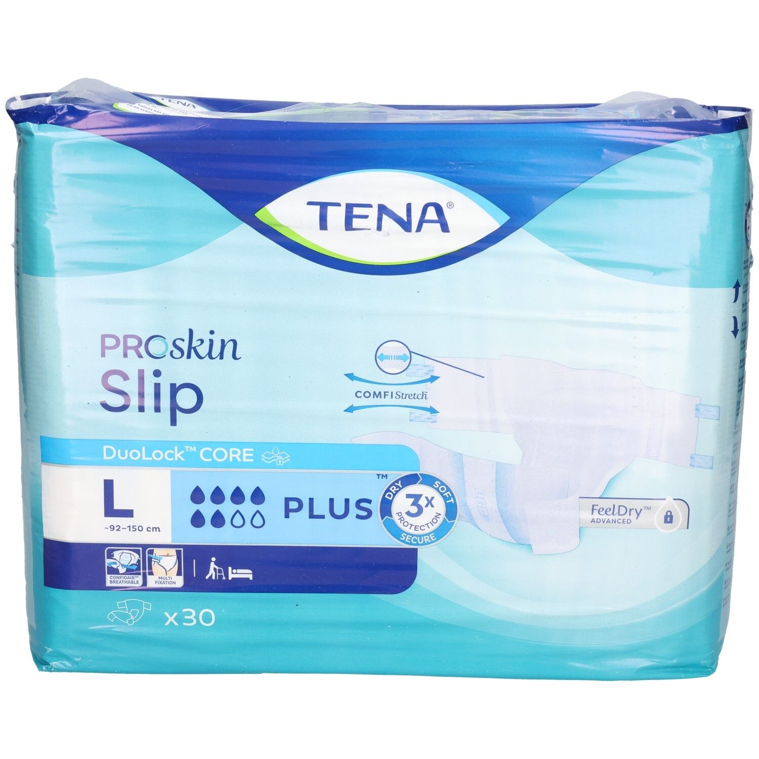 Verpackung von TENA ProSkin Slip Plus. Größe L, 30 Stück. DuoLock CORE, FeelDry Advanced. Blaue und weiße Verpackung.