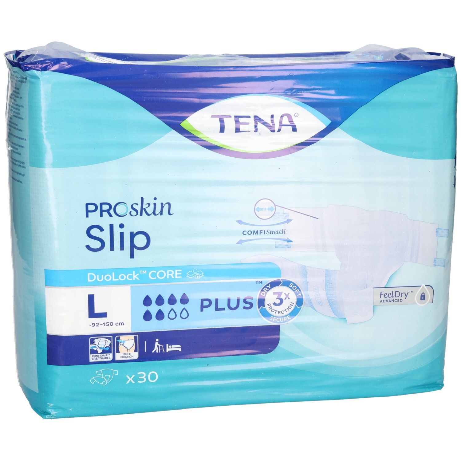 Verpackung von TENA ProSkin Slip Plus. Größe L, 30 Stück. DuoLock CORE, FeelDry Advanced. Blaue und weiße Verpackung.