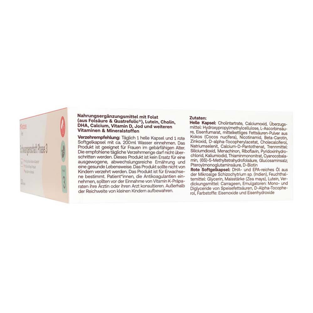 Rückseite der Redcare Fem Schwangerschaft Phase 3 Verpackung. Text mit Inhaltsstoffen und Nährwerten.