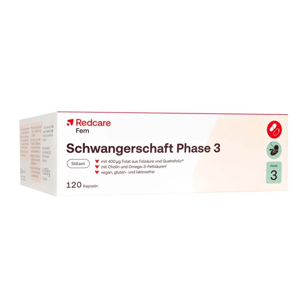 Redcare Fem Schwangerschaft Phase 3. 120 Kapseln. Vegan, gluten- und laktosefrei. Verpackung.