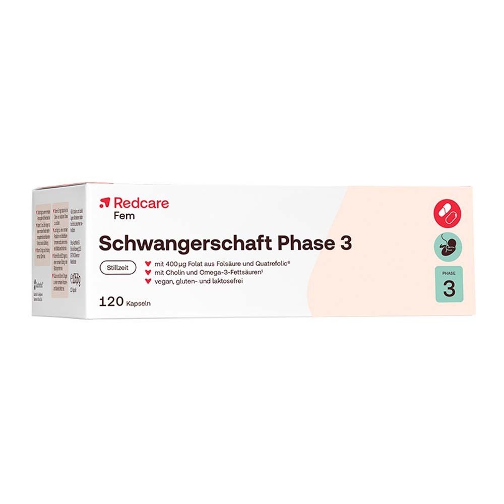 Redcare Fem Schwangerschaft Phase 3. 120 Kapseln. Vegan, gluten- und laktosefrei. Verpackung.