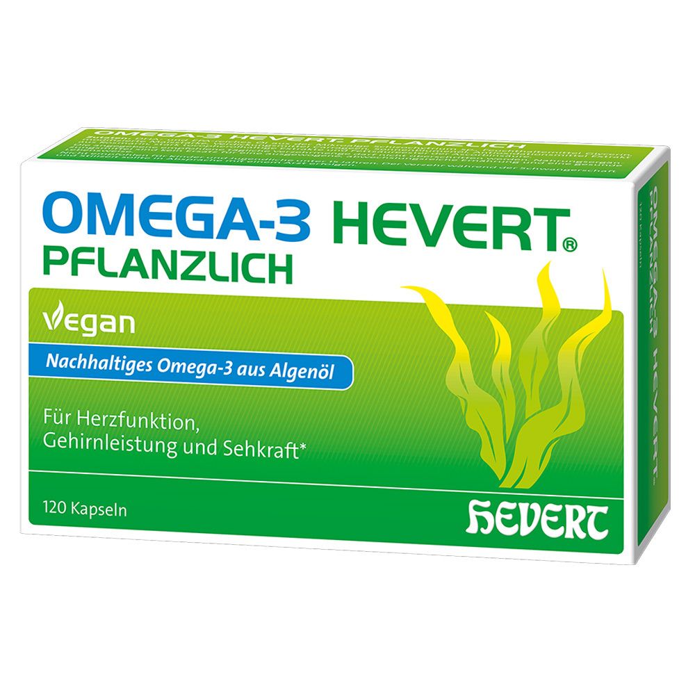 Schachtel mit OMEGA-3 HEVERT pflanzlich. Grün-weiße Verpackung mit Produktnamen, Vegan-Logo und Algen-Illustration.