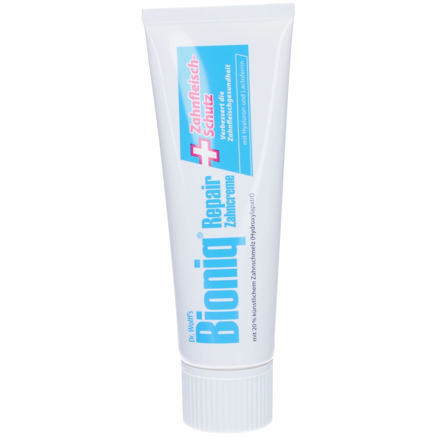 Zahnpasta-Tube Bioniq Repair Zahncreme Plus. Weiß, mit blauem Schriftzug und Logo. Enthält Hyaluron und Lactoferrin.