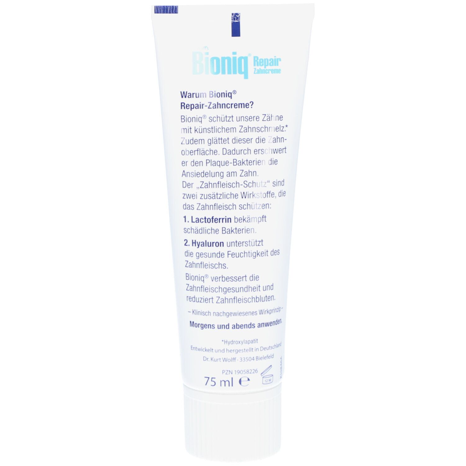 Rückseite der Zahnpasta-Tube Bioniq Repair Zahncreme Plus. Text in deutscher Sprache. Enthält 75 ml.