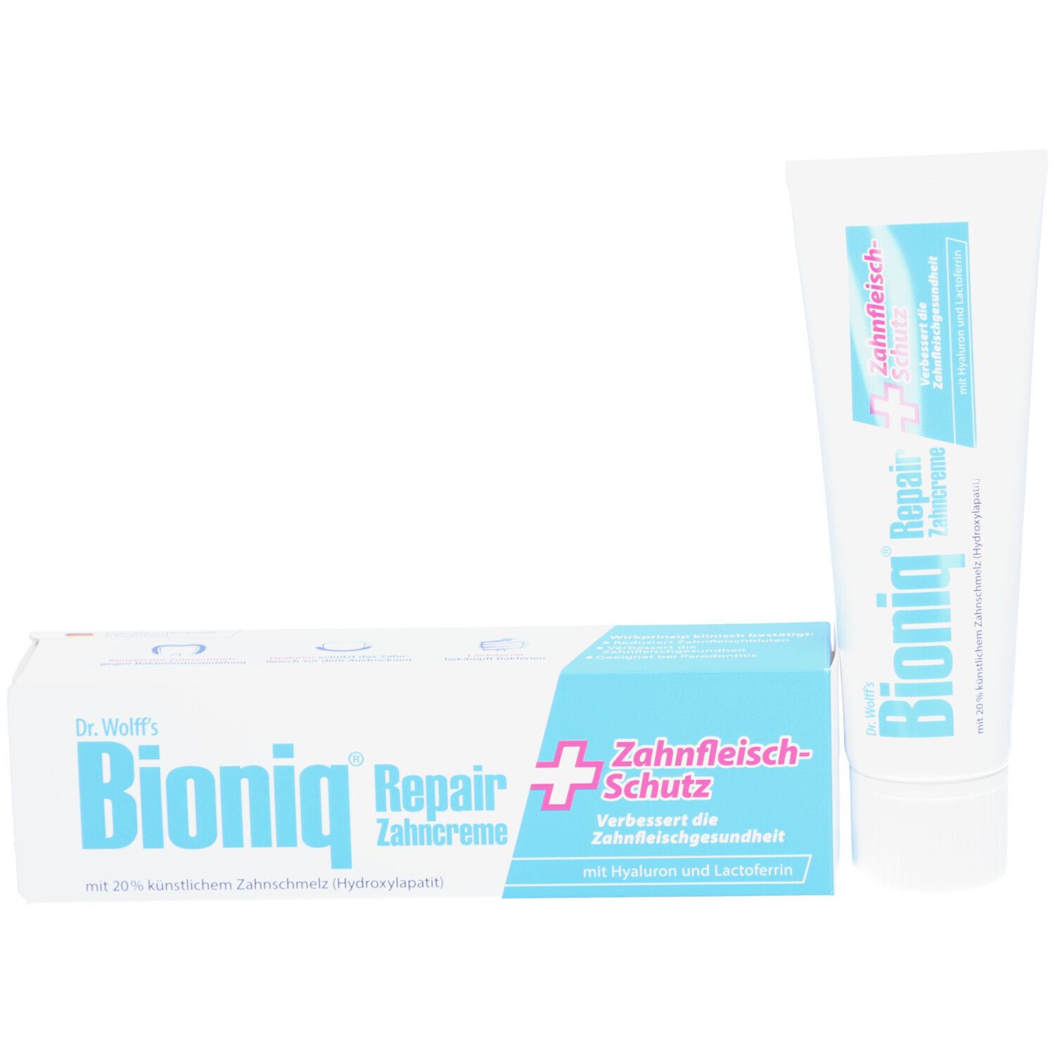 Verpackung und Tube Bioniq Repair Zahncreme Plus. Weiße Tube und Schachtel mit blauem Logo und Schriftzug.
