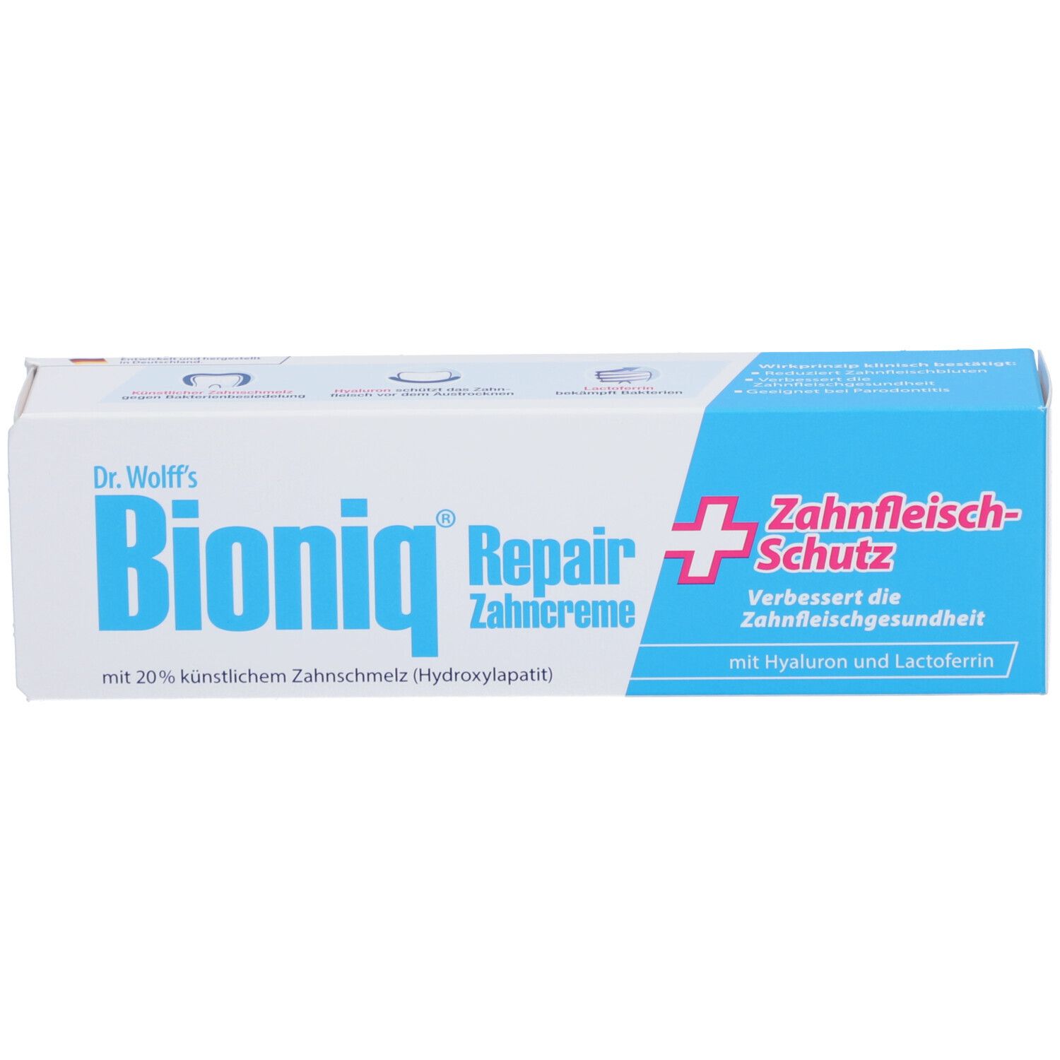 Schachtel Bioniq Repair Zahncreme Plus. Weiß mit blauem Logo und Schriftzug. Enthält Hyaluron und Lactoferrin.