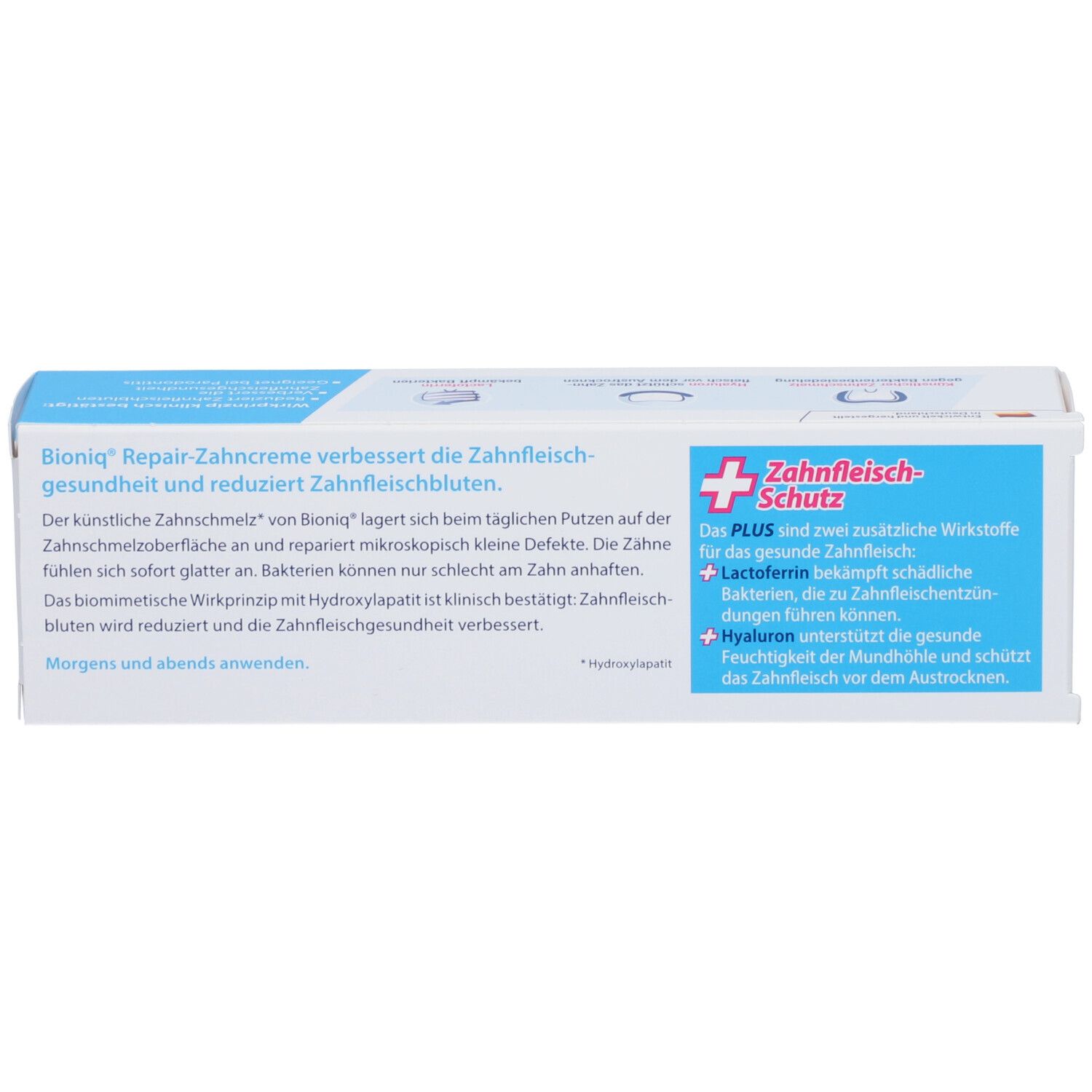 Rückseite der Schachtel Bioniq Repair Zahncreme Plus. Text in deutscher Sprache. Enthält Hyaluron und Lactoferrin.