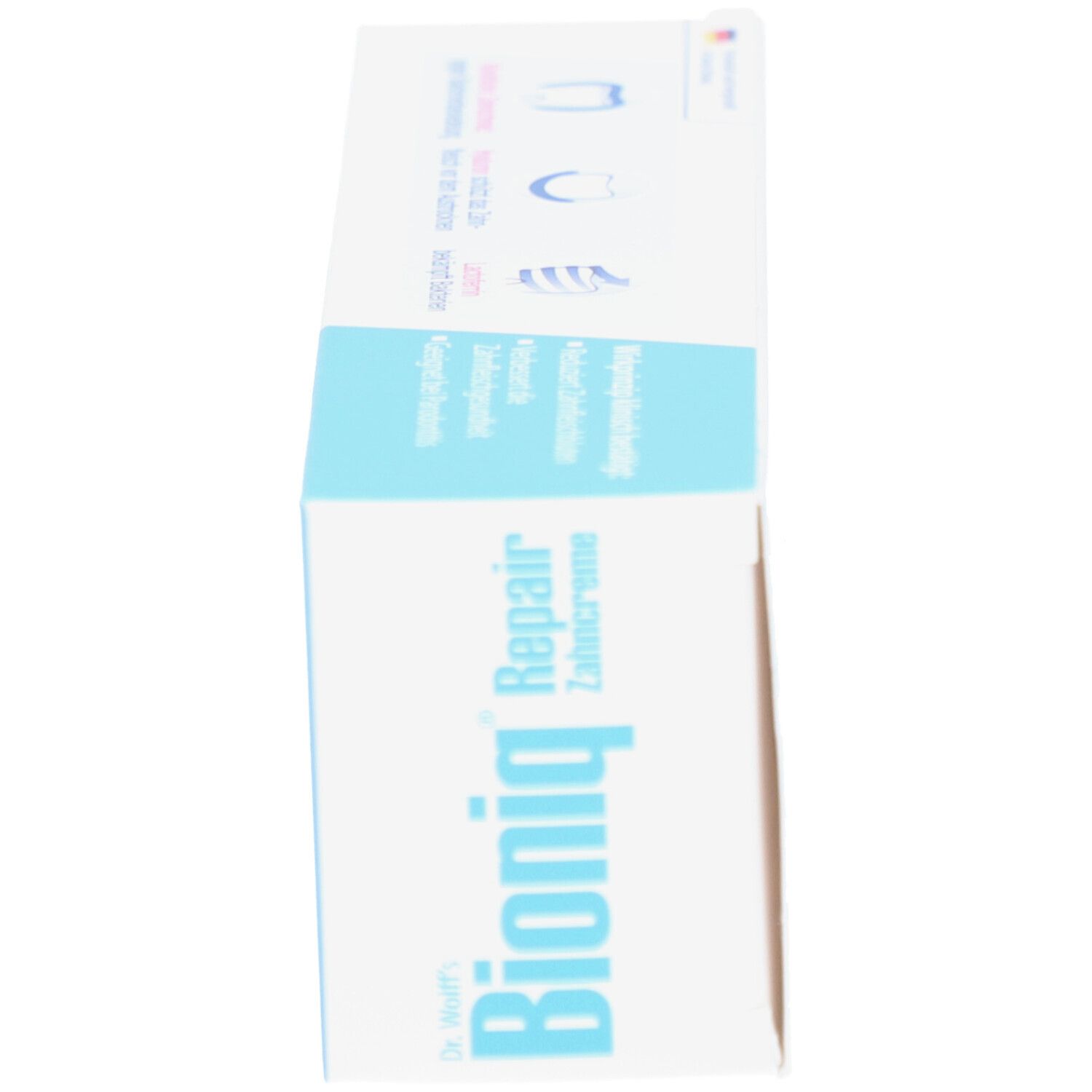 Seitenansicht der Schachtel Bioniq Repair Zahncreme Plus. Weiß mit blauem Logo und Text. Enthält Informationen.