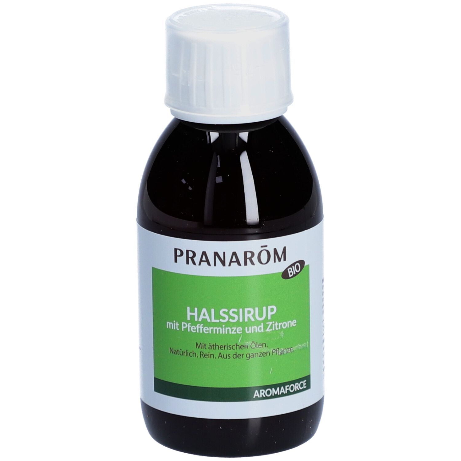 Braune Flasche mit weißem Deckel. Etikett mit Produktnamen und Logo. Grün-weißes Etikett mit Text. Bio-Zertifizierung.