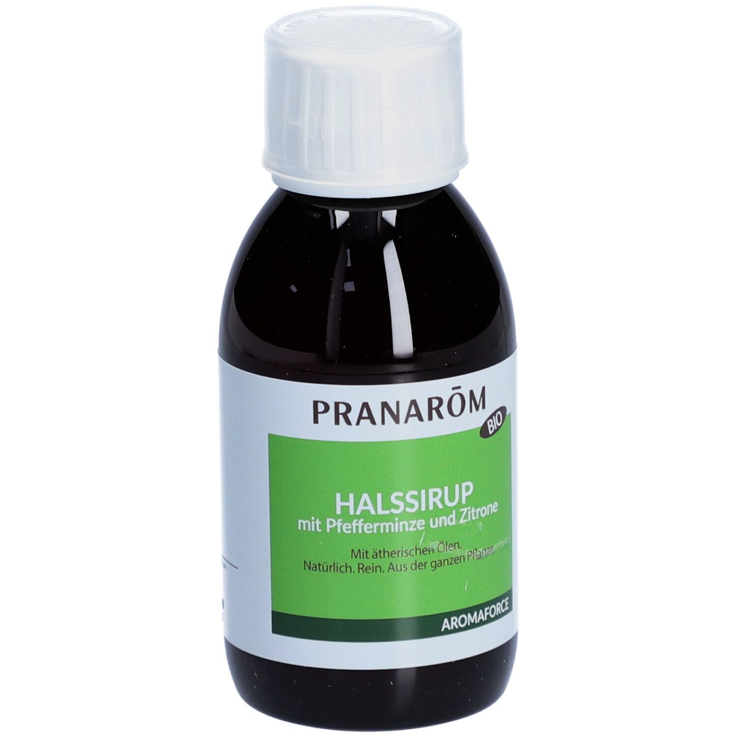 Braune Flasche mit weißem Deckel. Etikett mit Produktnamen und Logo. Grün-weißes Etikett mit Text. Bio-Zertifizierung.