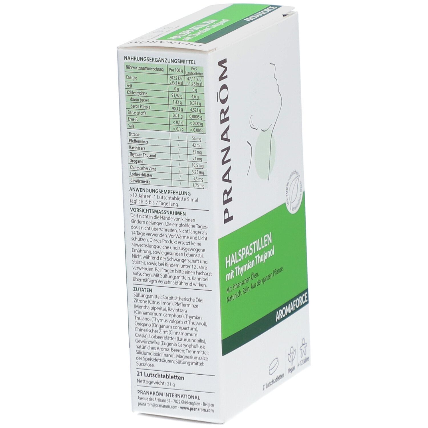 Schachtel mit PRANAROM Halspastillen mit Thymian Thujanol. Nährwertangaben und Zutaten auf der Seite. 21 Lutschtabletten.