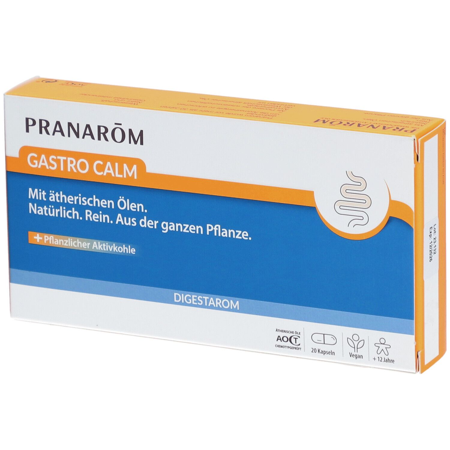 Karton PRANAROM GASTRO CALM. Orange-weiß. Text: Mit ätherischen Ölen. Natürlich. Rein. Aus der ganzen Pflanze. + Pflanzlicher Aktivkohle.