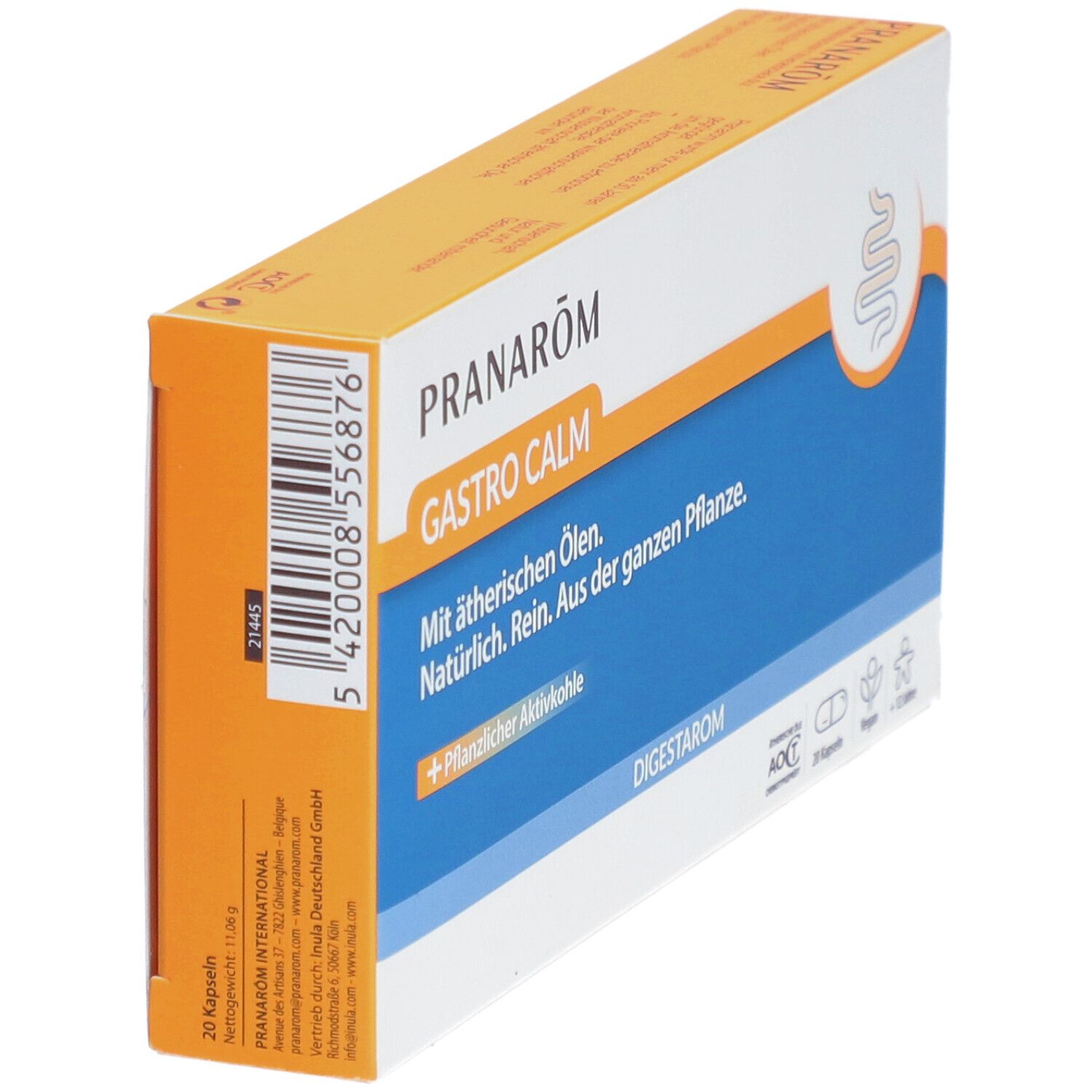 Karton PRANAROM GASTRO CALM. Orange-weiß. Text: Mit ätherischen Ölen. Natürlich. Rein. Aus der ganzen Pflanze. + Pflanzlicher Aktivkohle.