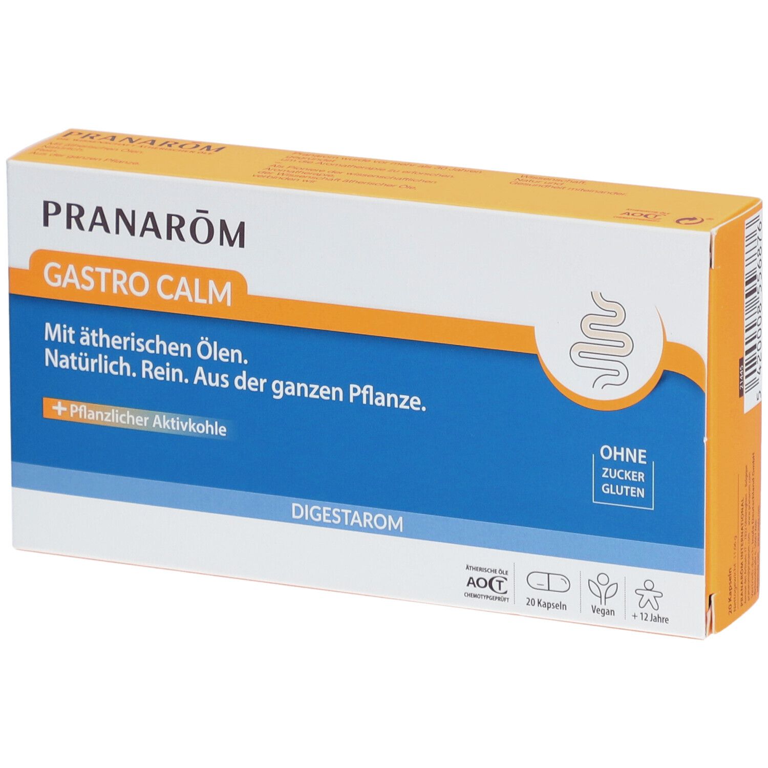 Karton PRANAROM GASTRO CALM. Orange-weiß. Text: Mit ätherischen Ölen. Natürlich. Rein. Aus der ganzen Pflanze. + Pflanzlicher Aktivkohle. Glutenfrei.