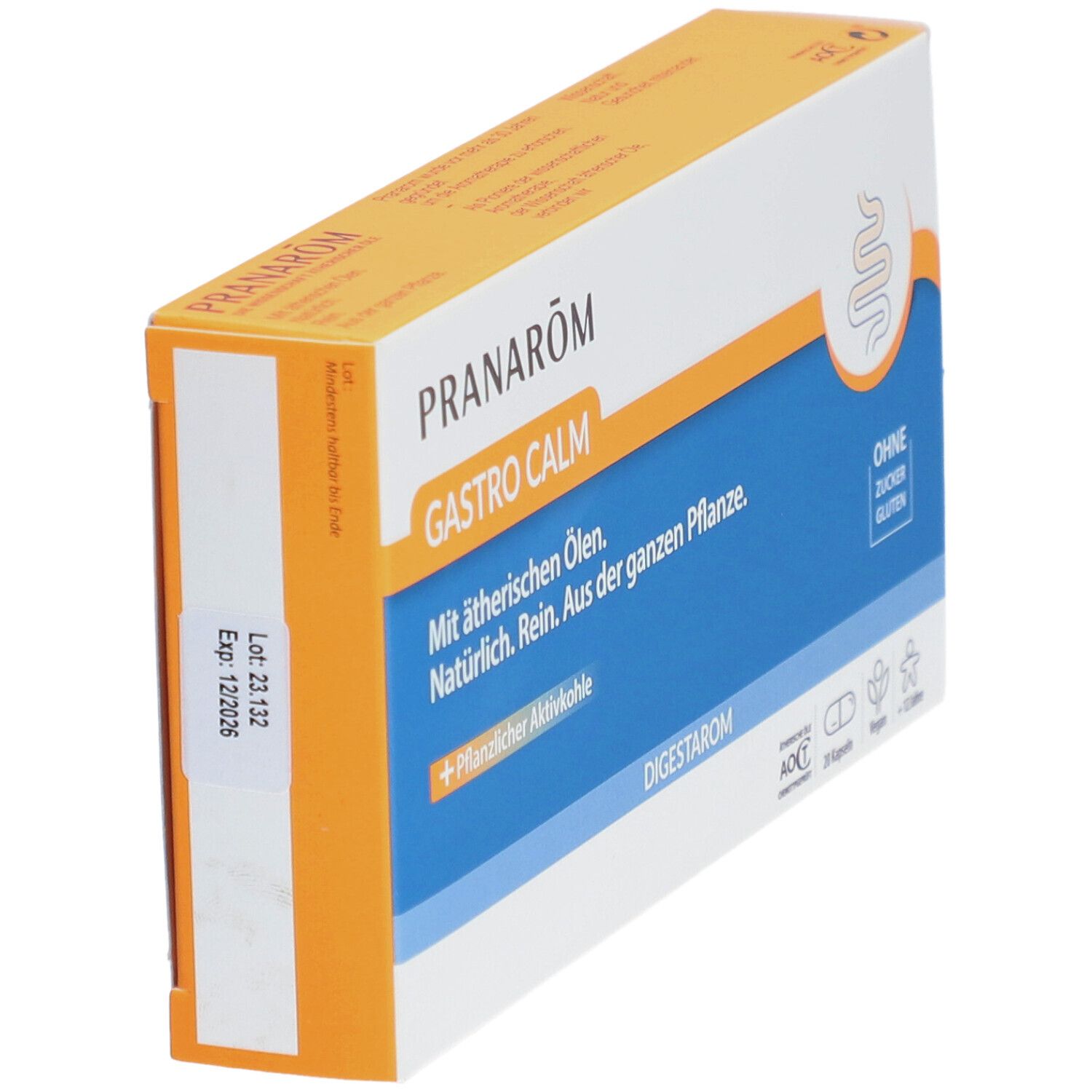 Karton PRANAROM GASTRO CALM. Orange-weiß. Text: Mit ätherischen Ölen. Natürlich. Rein. Aus der ganzen Pflanze. + Pflanzlicher Aktivkohle. Glutenfrei.