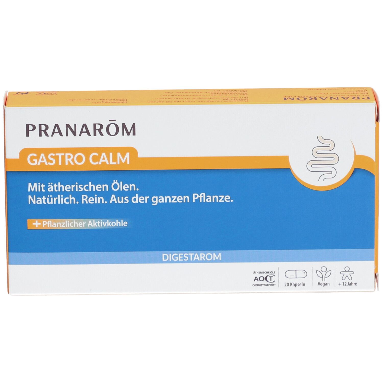 Karton PRANAROM GASTRO CALM. Orange-weiß. Text: Mit ätherischen Ölen. Natürlich. Rein. Aus der ganzen Pflanze. + Pflanzlicher Aktivkohle.