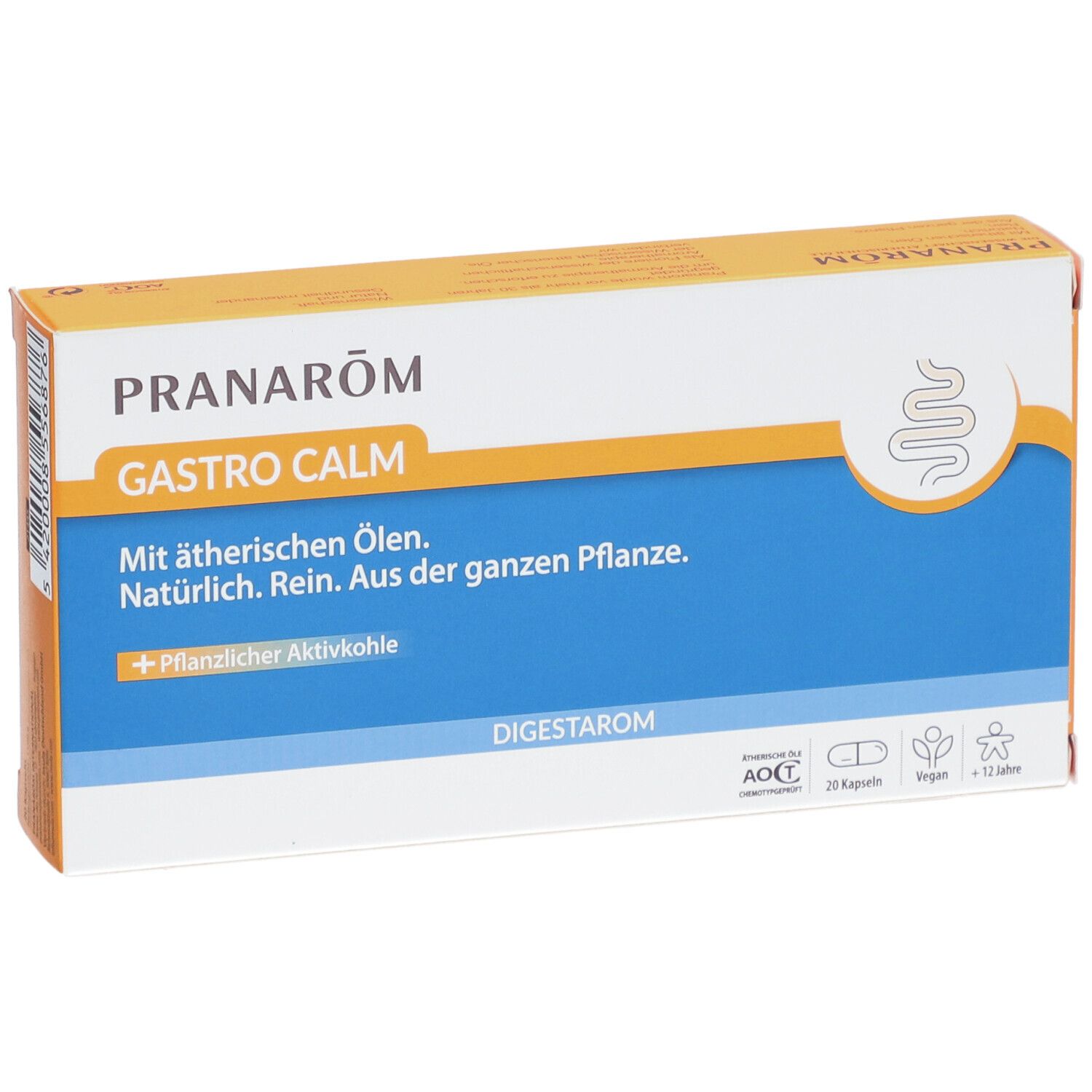 Karton PRANAROM GASTRO CALM. Orange-weiß. Text: Mit ätherischen Ölen. Natürlich. Rein. Aus der ganzen Pflanze. + Pflanzlicher Aktivkohle.