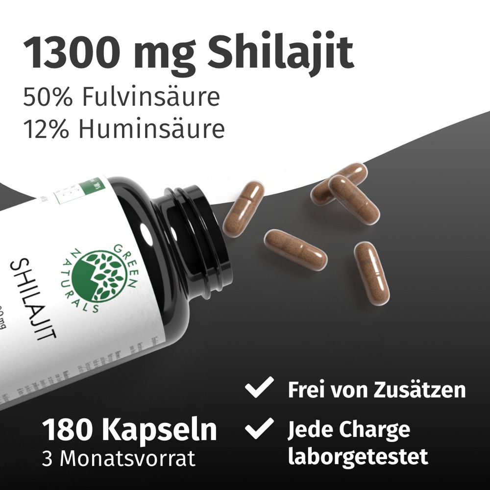 Kapseln neben Flasche. Aufschrift: 1300 mg Shilajit, 180 Kapseln, 3 Monatsvorrat. Frei von Zusätzen, laborgetestet.