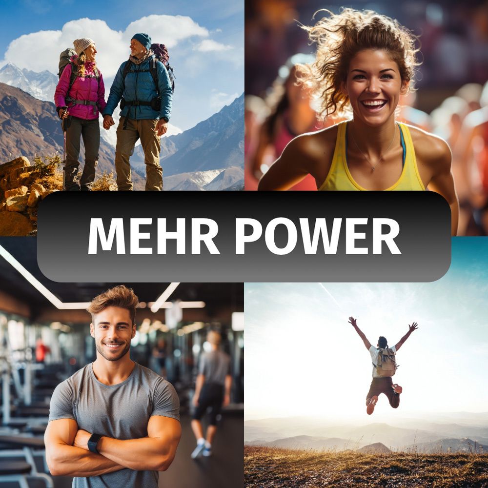 Collage mit Menschen in verschiedenen Aktivitäten. Text: MEHR POWER.