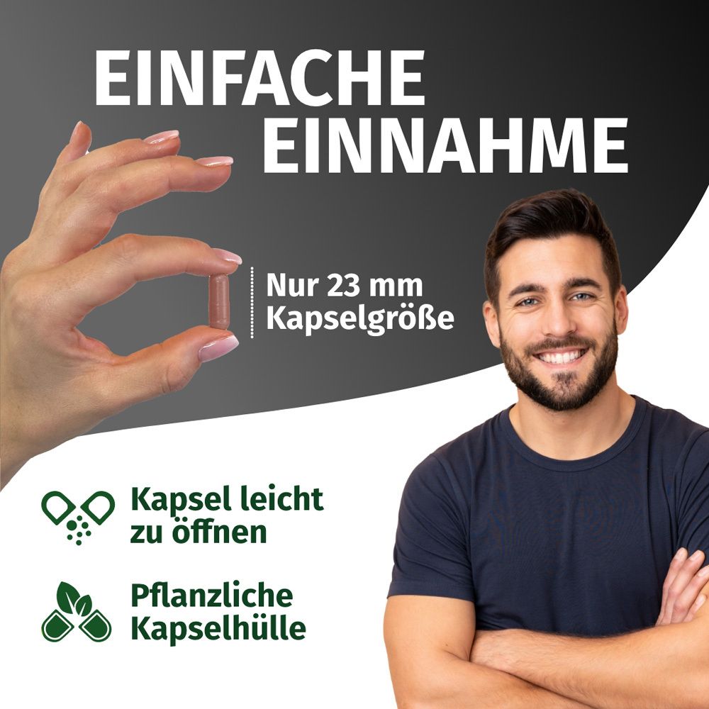 Mann hält Kapsel. Text: Einfache Einnahme. Kapselgröße 23 mm. Pflanzliche Kapselhülle.
