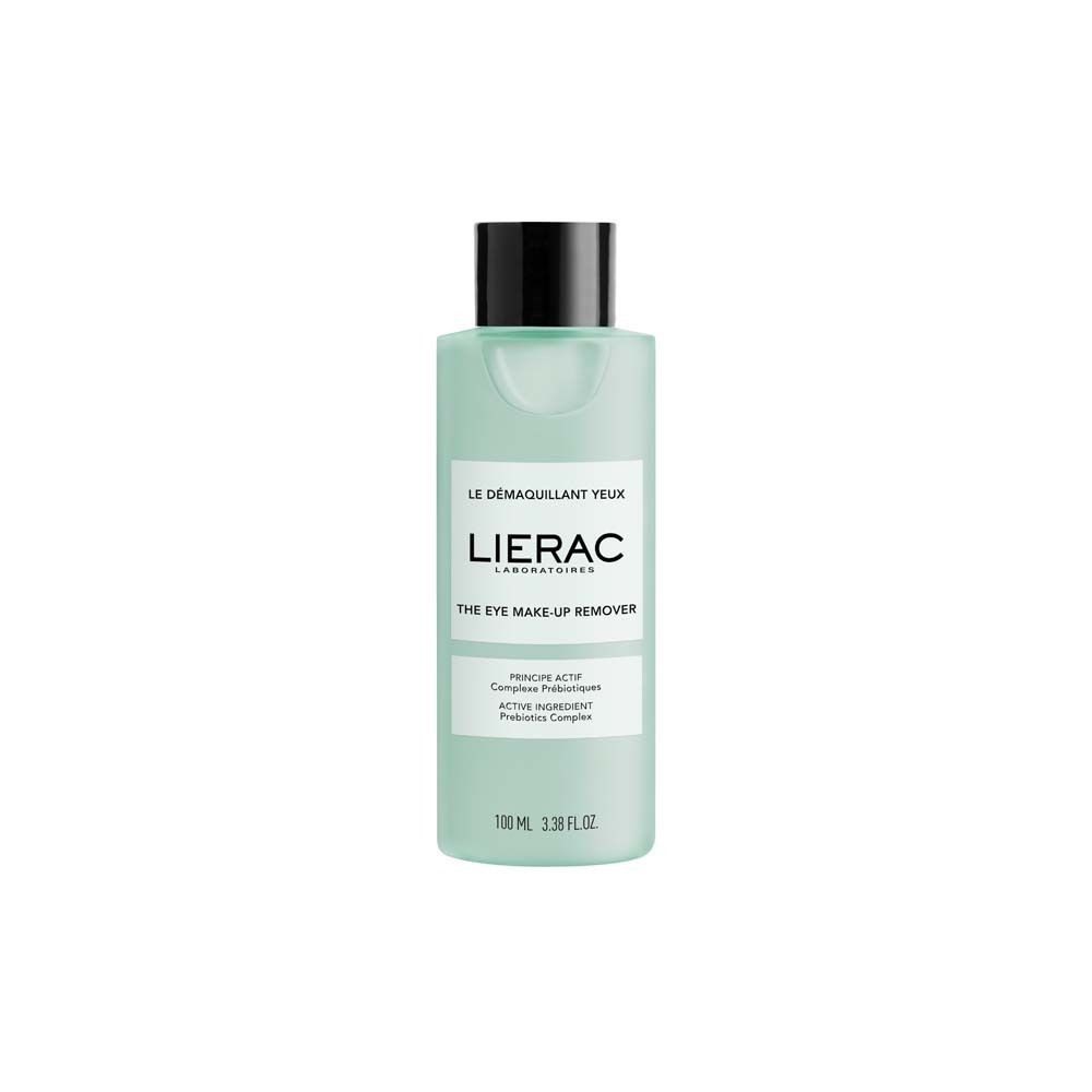 Grüne Flasche mit schwarzem Deckel. Aufschrift: LIERAC, THE EYE MAKE-UP REMOVER. 100 ml.