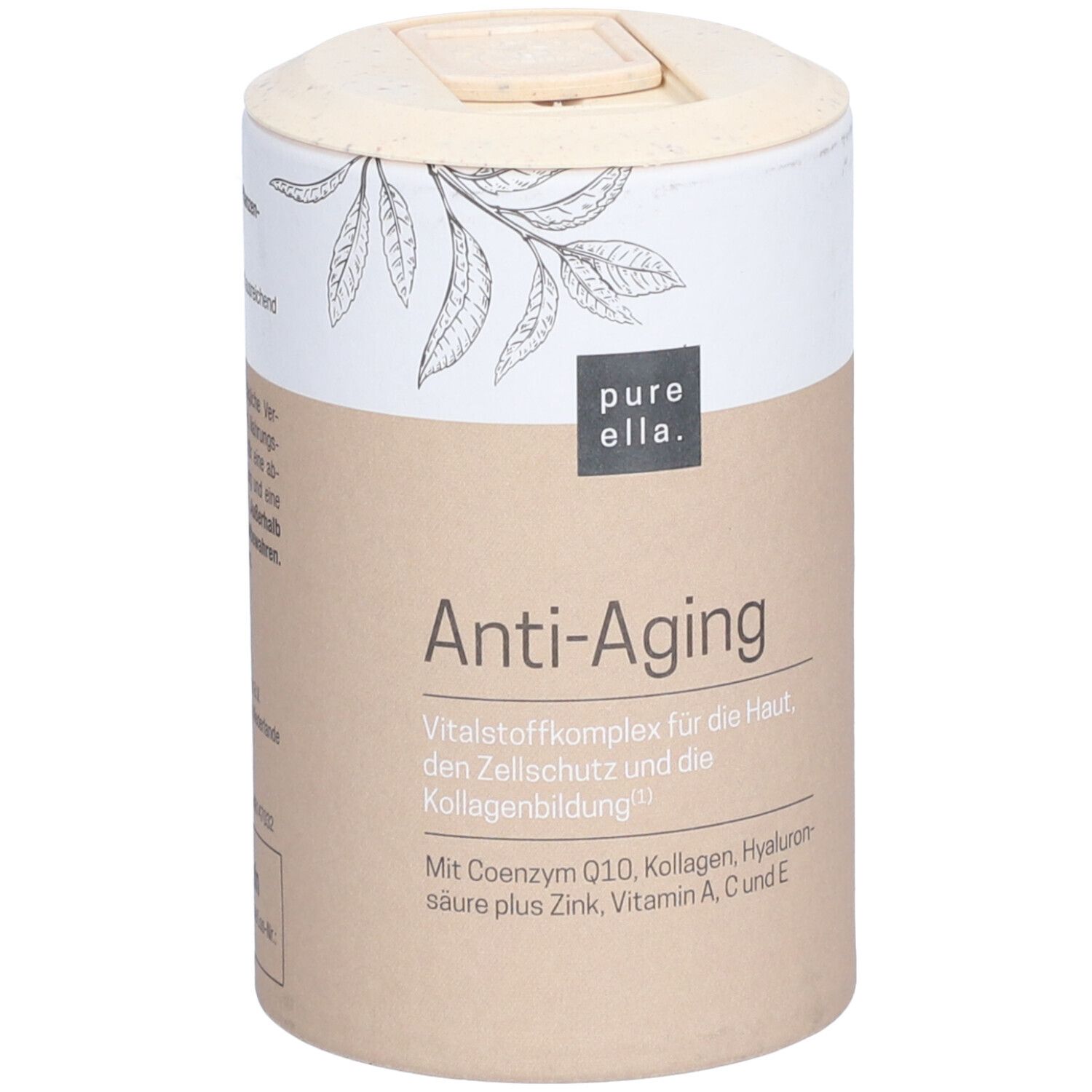 Zylinderdose mit Aufschrift Anti-Aging. Enthält Inhaltsstoffe wie Coenzym Q10, Kollagen, Hyaluronsäure.