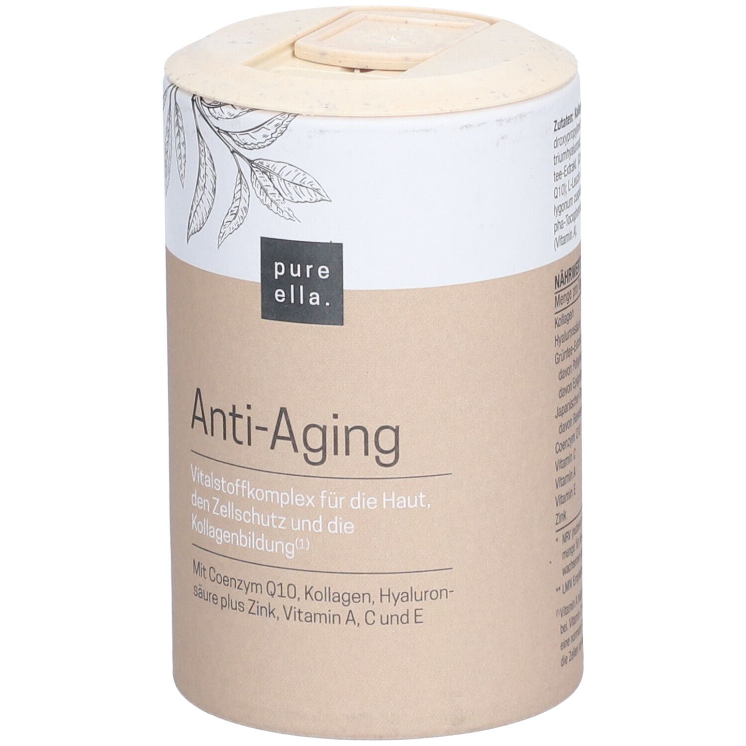 Zylinderdose mit Aufschrift Anti-Aging. Enthält Inhaltsstoffe wie Coenzym Q10, Kollagen, Hyaluronsäure.