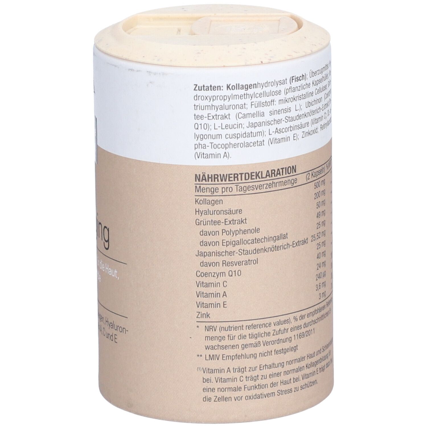 Zylinderdose mit Aufschrift Anti-Aging. Enthält Inhaltsstoffe wie Coenzym Q10, Kollagen, Hyaluronsäure.