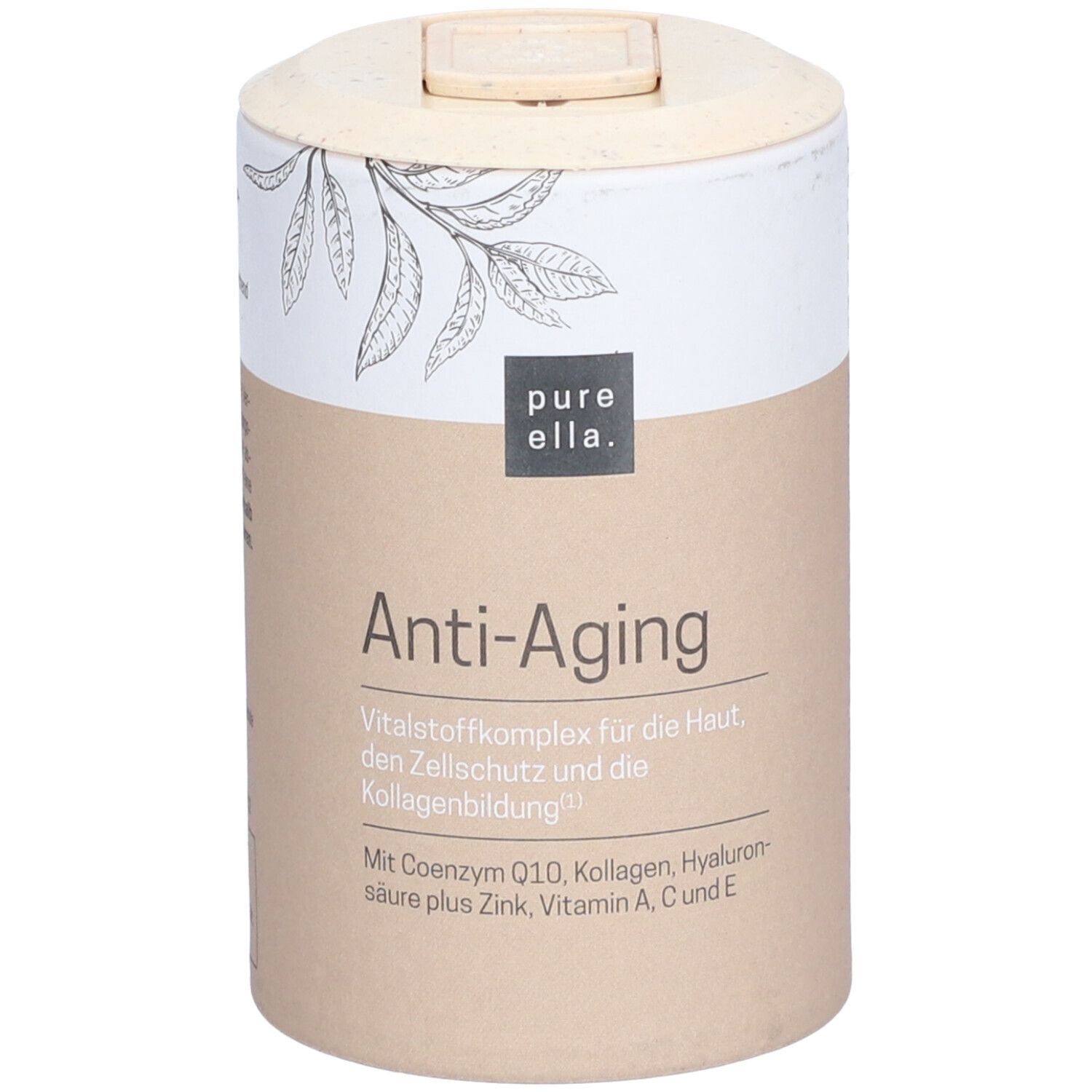 Zylinderdose mit Aufschrift Anti-Aging. Enthält Inhaltsstoffe wie Coenzym Q10, Kollagen, Hyaluronsäure.