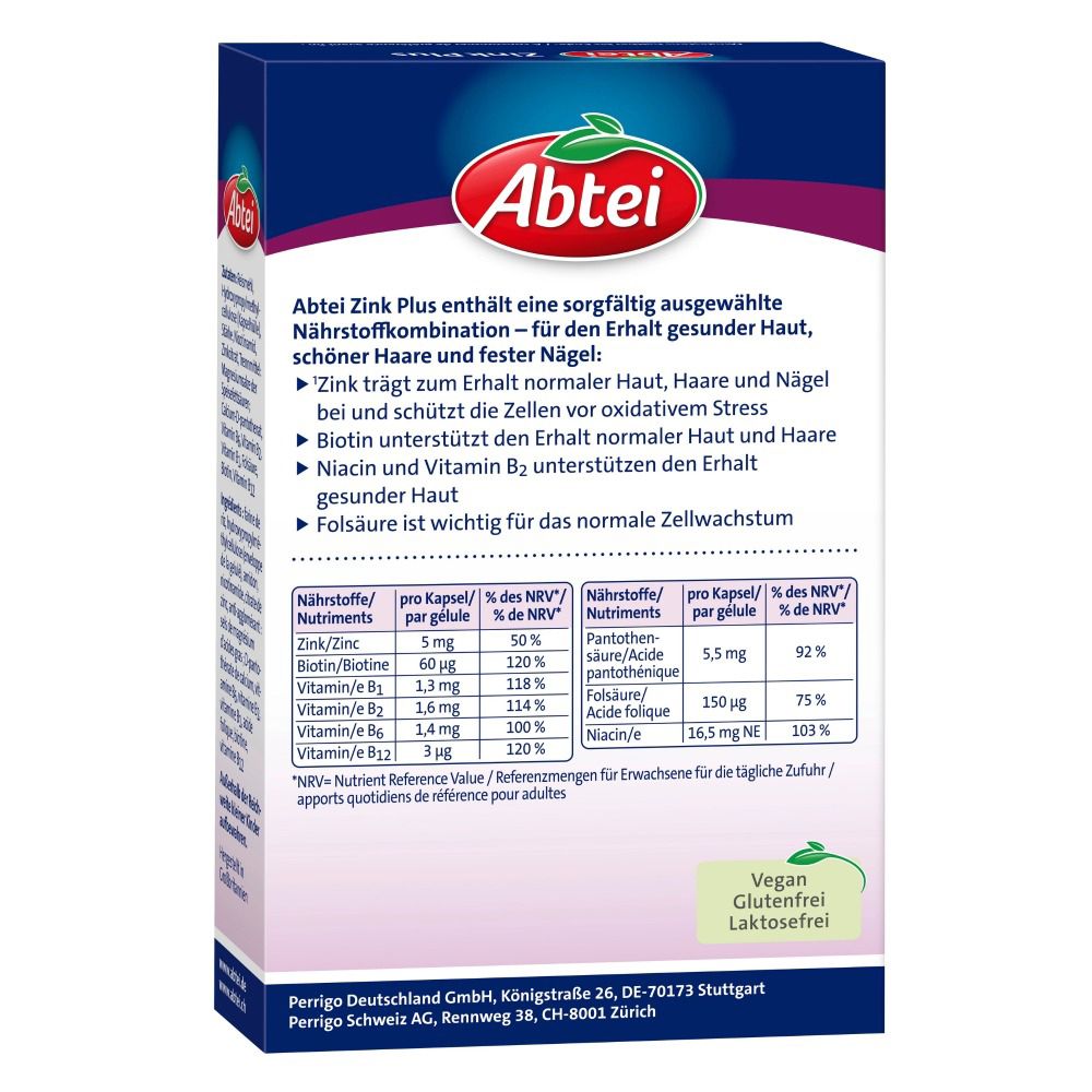 Rückseite der Abtei Zink Plus Packung. Enthält Nährwertangaben. Vegan, glutenfrei, laktosefrei. Herstellerinformationen.