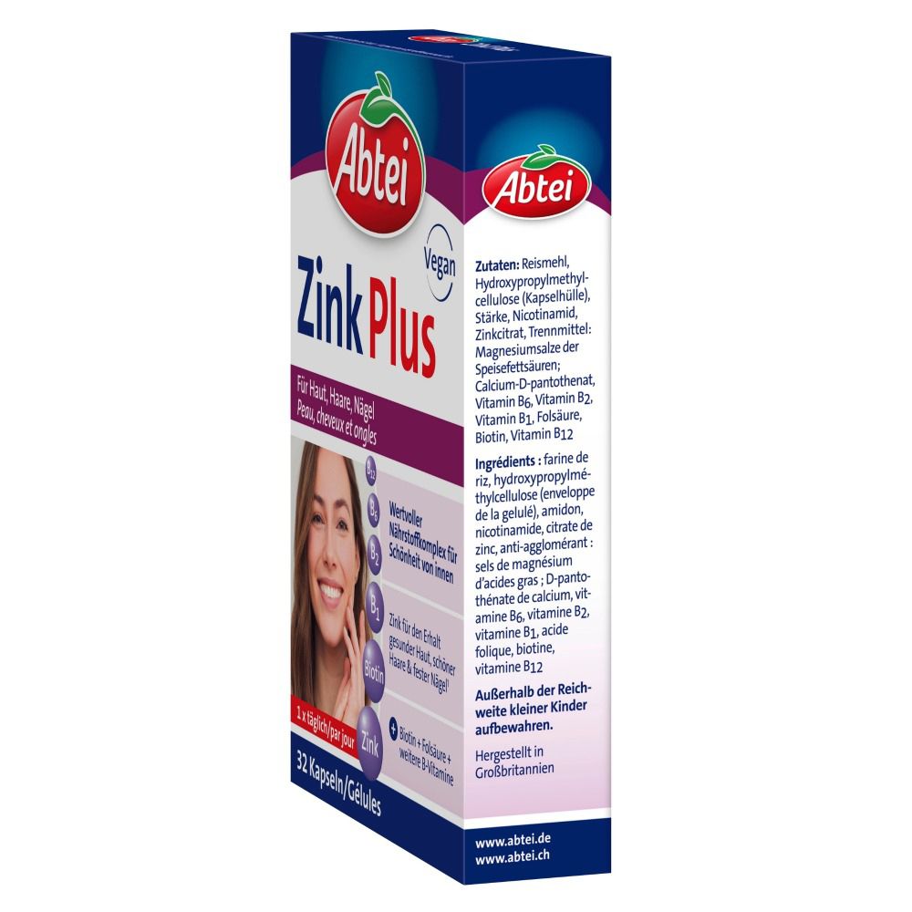 Abtei Zink Plus Packung, Seitenansicht. Enthält 32 Kapseln. Vegan. Zutatenliste. Für Haut, Haare, Nägel.