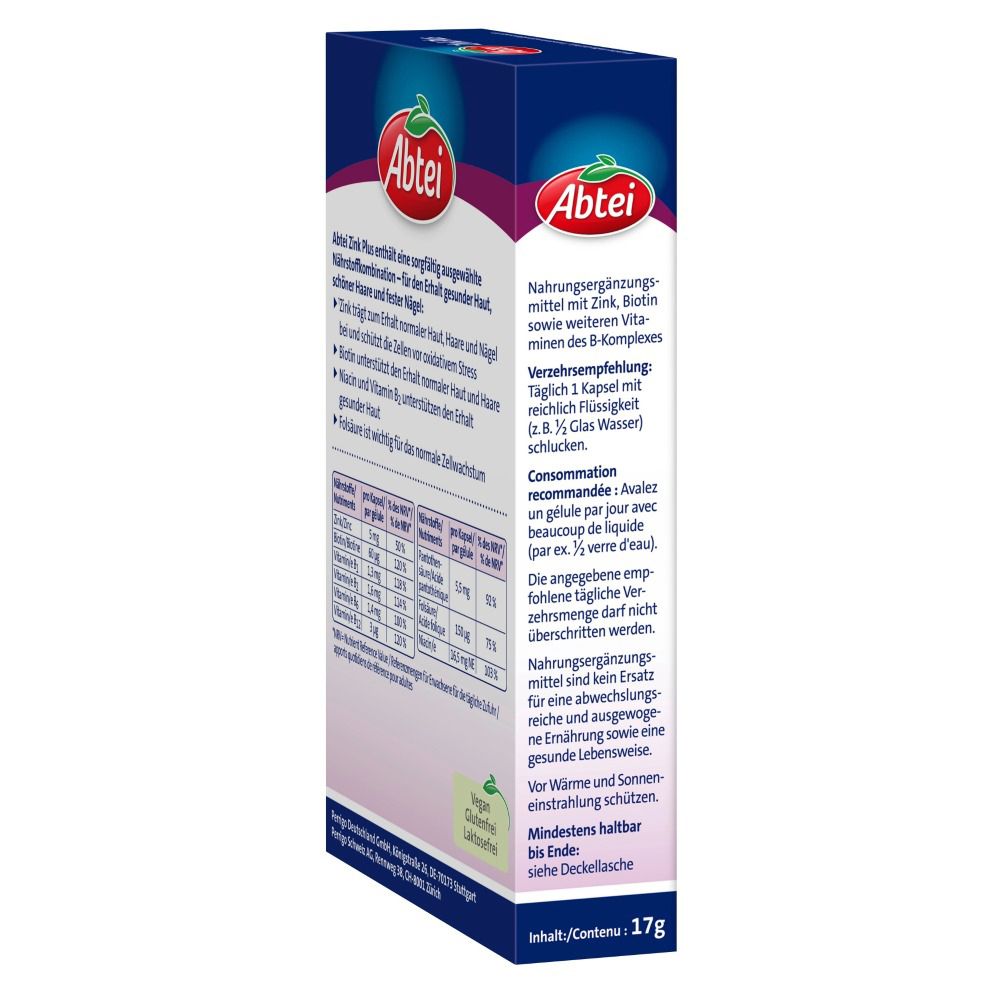 Abtei Zink Plus Packung, Seitenansicht. Enthält 17g. Vegan. Verzehrempfehlung. Für Haut, Haare, Nägel.