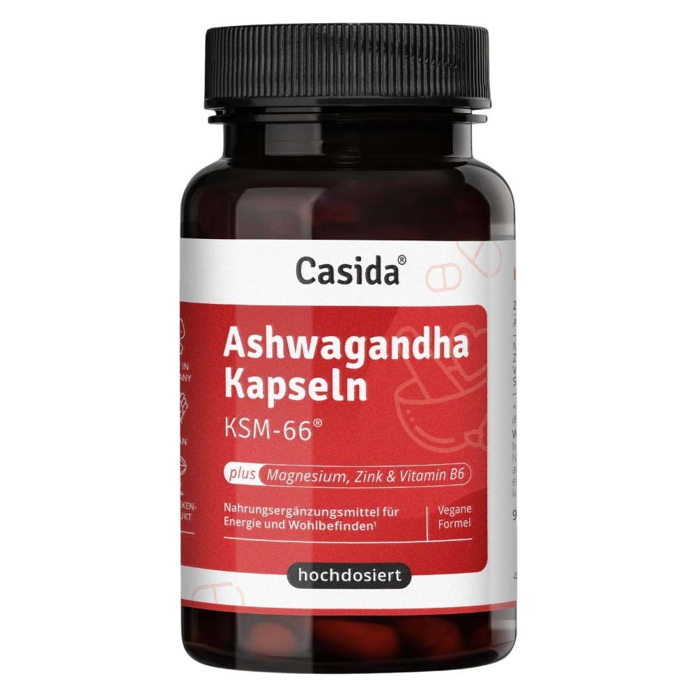 Braune Flasche mit schwarzen Deckel. Rotes Etikett mit Text: Ashwagandha Kapseln, KSM-66, plus Magnesium, Zink & Vitamin B6.