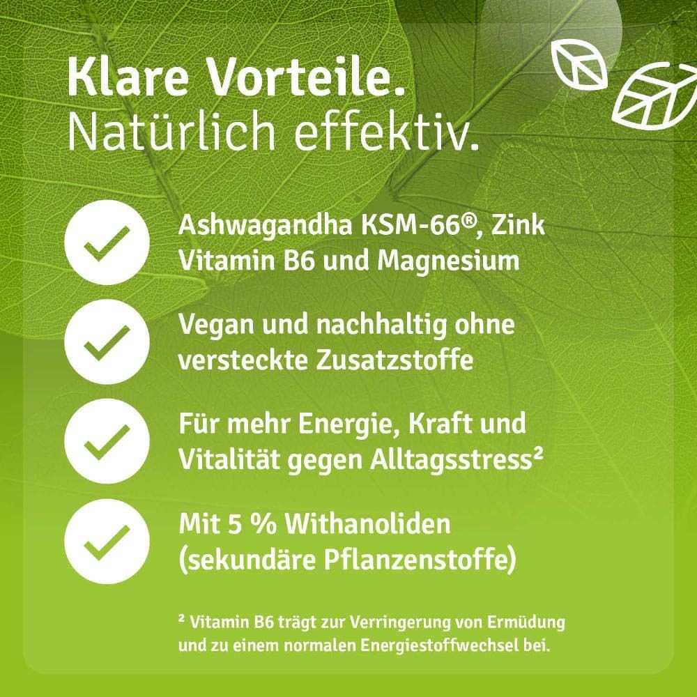 Grüner Hintergrund mit Text: Ashwagandha KSM-66, Zink, Vitamin B6 und Magnesium. Vegan, ohne versteckte Zusätze, für mehr Energie.