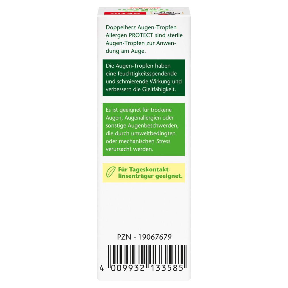 Rückseite der Augen-Tropfen-Verpackung. Text über die Anwendung und Inhaltsstoffe. Barcode und Herstellerinformationen.